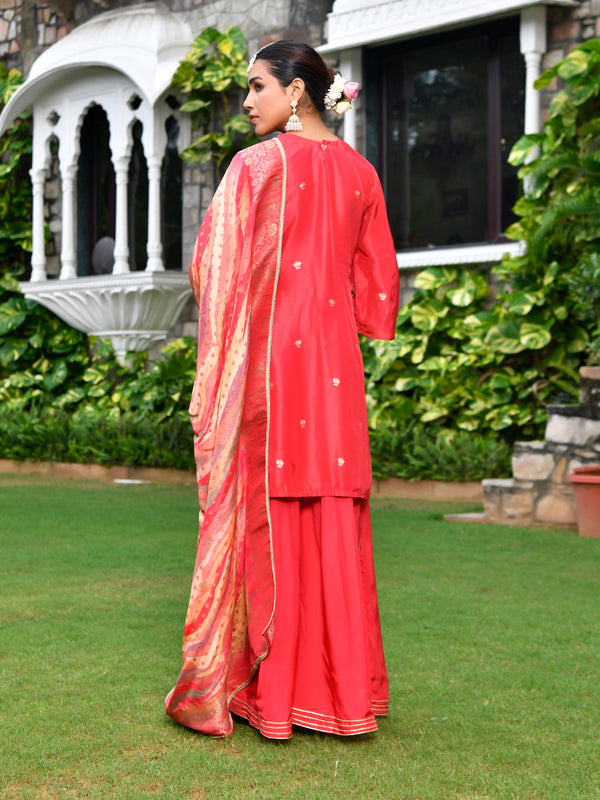 Women silk emboidered solid sharara set & digital printed dupatta