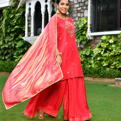 Women silk emboidered solid sharara set & digital printed dupatta