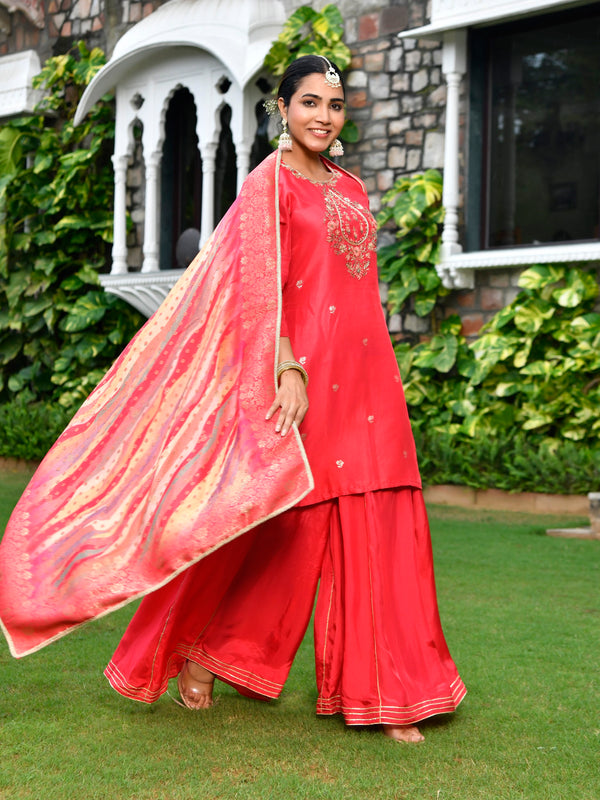 Women silk emboidered solid sharara set & digital printed dupatta