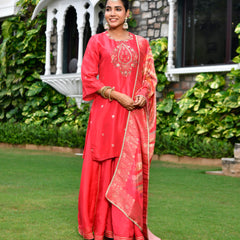 Women silk emboidered solid sharara set & digital printed dupatta
