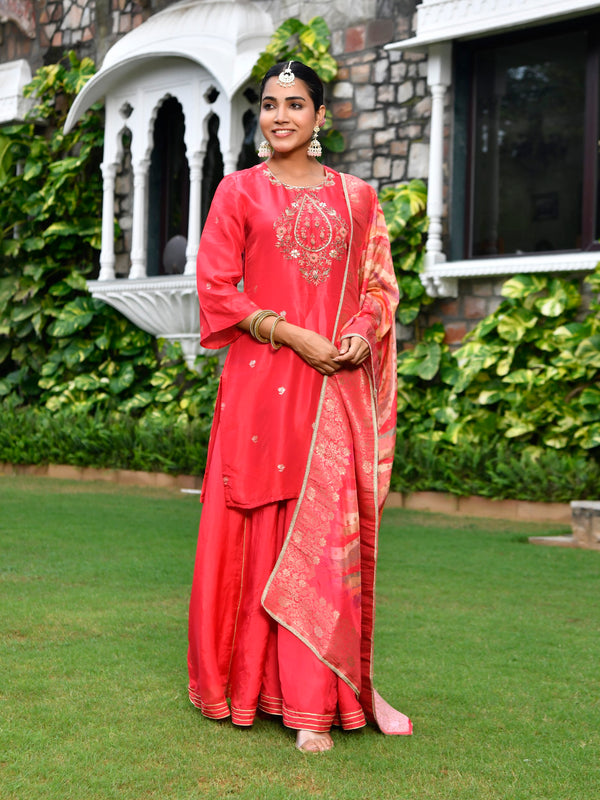 Women silk emboidered solid sharara set & digital printed dupatta