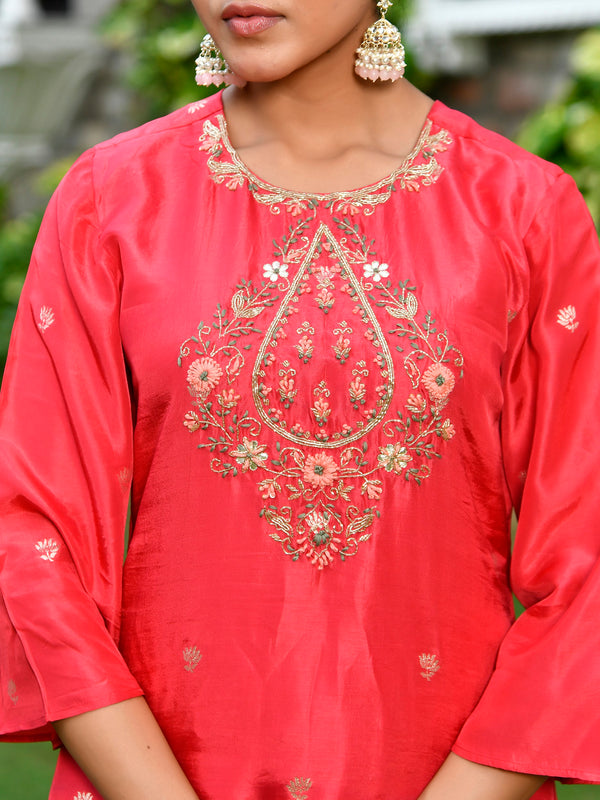 Women silk emboidered solid sharara set & digital printed dupatta