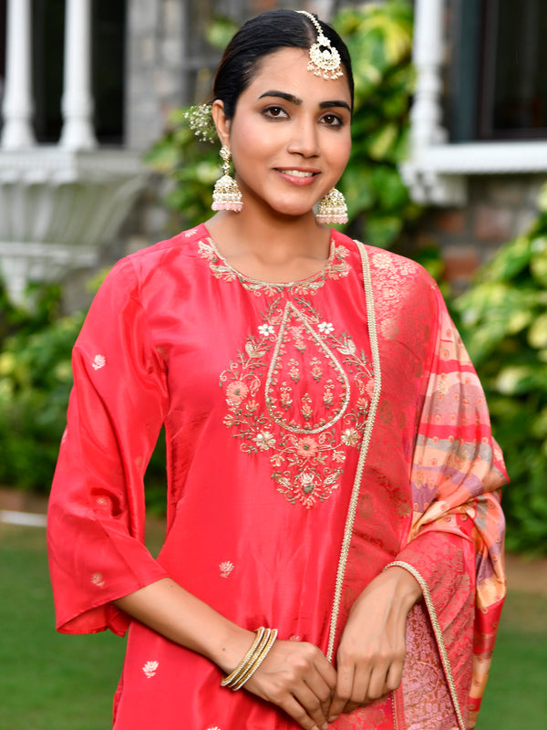 Women silk emboidered solid sharara set & digital printed dupatta