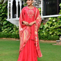 Women silk emboidered solid sharara set & digital printed dupatta