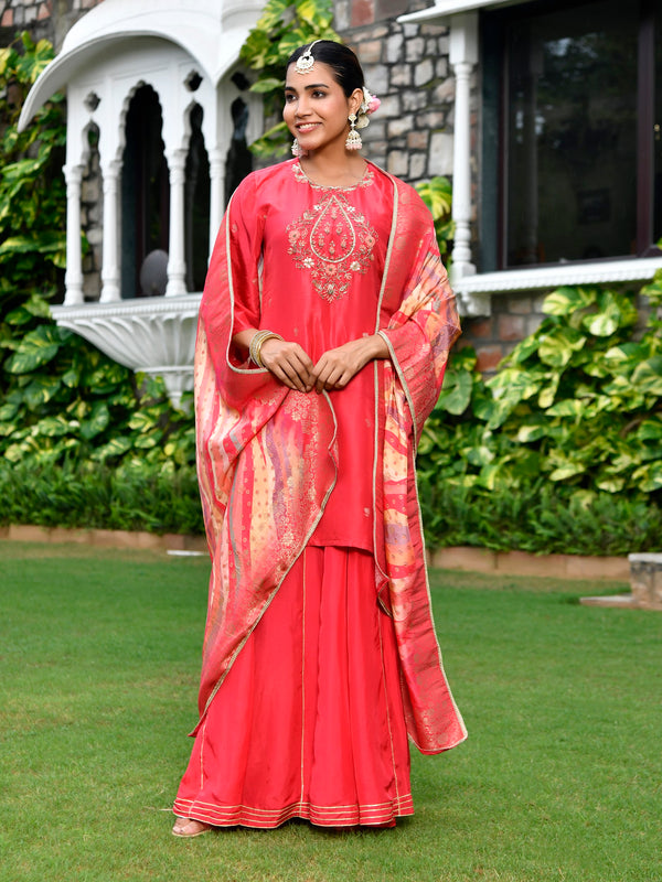 Women silk emboidered solid sharara set & digital printed dupatta