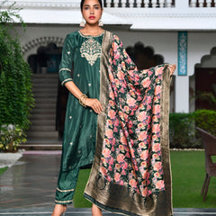 Women silk emboidered solid pant set & digital printed dupatta