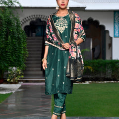 Women silk emboidered solid pant set & digital printed dupatta