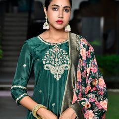 Women silk emboidered solid pant set & digital printed dupatta