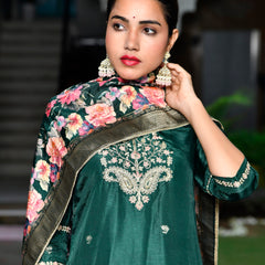 Women silk emboidered solid pant set & digital printed dupatta