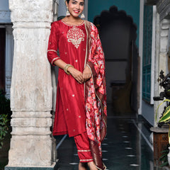 Women silk emboidered solid pant set & digital printed dupatta