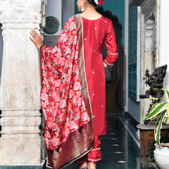 Women silk emboidered solid pant set & digital printed dupatta