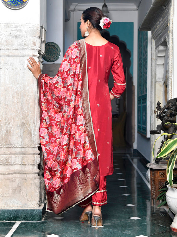 Women silk emboidered solid pant set & digital printed dupatta