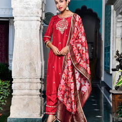 Women silk emboidered solid pant set & digital printed dupatta