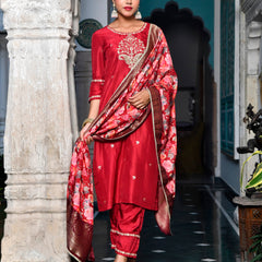 Women silk emboidered solid pant set & digital printed dupatta