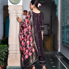 Women silk emboidered solid pant set & digital printed dupatta