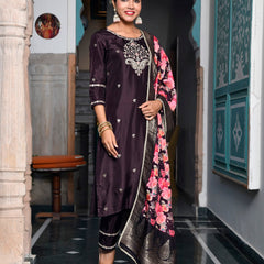 Women silk emboidered solid pant set & digital printed dupatta