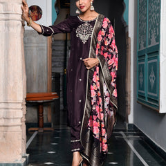 Women silk emboidered solid pant set & digital printed dupatta