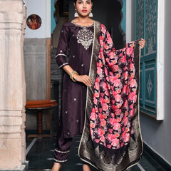 Women silk emboidered solid pant set & digital printed dupatta