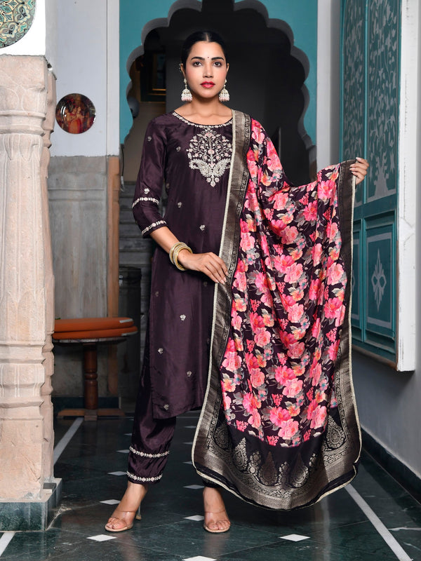 Women silk emboidered solid pant set & digital printed dupatta