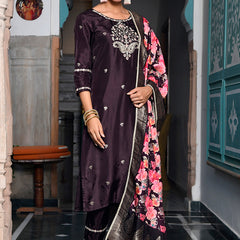 Women silk emboidered solid pant set & digital printed dupatta