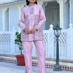 Women Soft Pink Chanderi Block Printed Cord Set