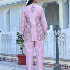 Women Soft Pink Chanderi Block Printed Cord Set