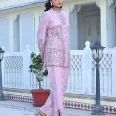 Women Soft Pink Chanderi Block Printed Cord Set