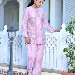 Women Soft Pink Chanderi Block Printed Cord Set