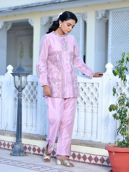 Women Soft Pink Chanderi Block Printed Cord Set
