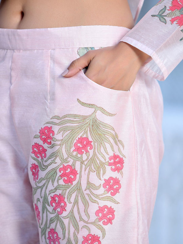 Women Pale Peach Chanderi Block Printed Cord Set