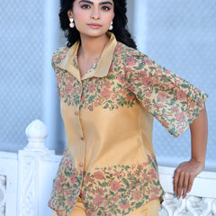 Women Cream Henna  Linen Digital Printed Co-ord Set