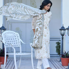 Women Cream Linen Digital Printed Suit Set