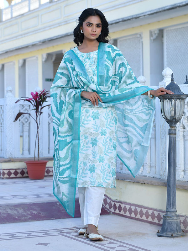 Women Cream Linen Digital Printed Suit Set