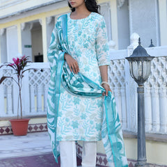 Women Cream Linen Digital Printed Suit Set