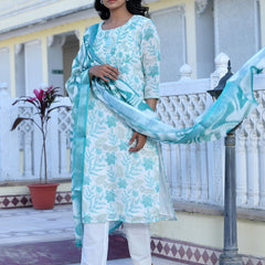Women Cream Linen Digital Printed Suit Set