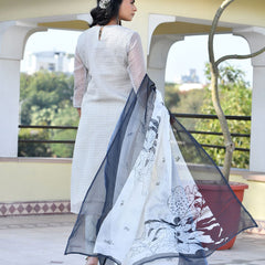 Women Grey Monotone Organza Digital Printed Suit Set