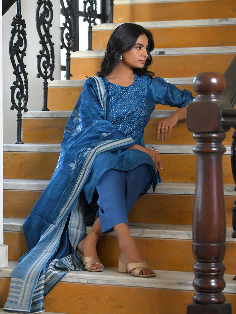 Women Indigo Muslin Digital Printed Suit Set