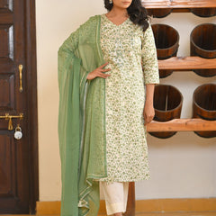 Women Cream Cotton Foil PrintedEmbroidered Suit Set