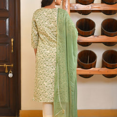 Women Cream Cotton Foil PrintedEmbroidered Suit Set
