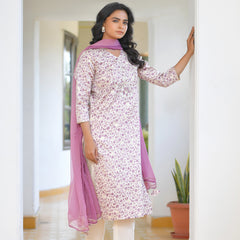 Women Cream Cotton Foil PrintedEmbroidered Suit Set