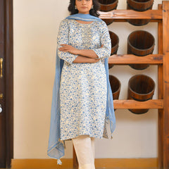 Women Classic Cream Cotton Foil PrintedEmbroidered Suit Set