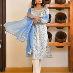 Women Classic Cream Cotton Foil PrintedEmbroidered Suit Set