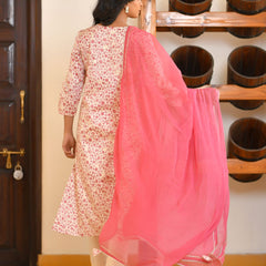 Women Classic Cream Cotton Foil PrintedEmbroidered Suit Set
