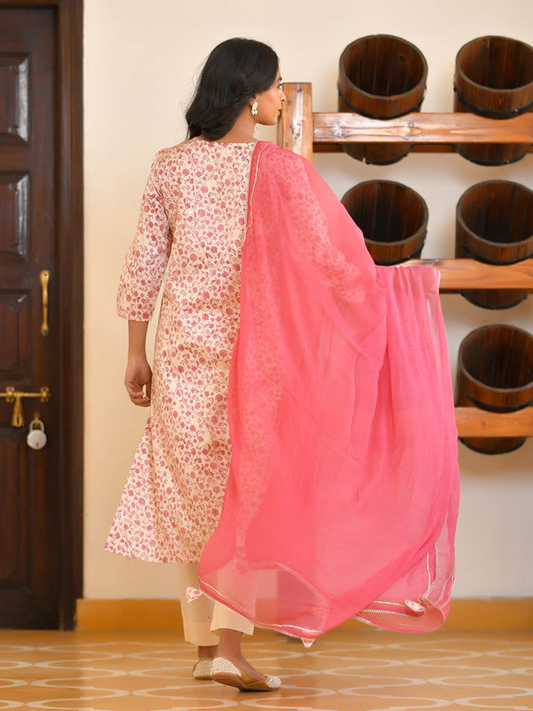 Women Classic Cream Cotton Foil PrintedEmbroidered Suit Set