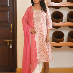Women Classic Cream Cotton Foil PrintedEmbroidered Suit Set