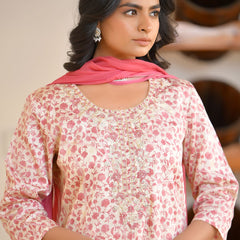 Women Classic Cream Cotton Foil PrintedEmbroidered Suit Set