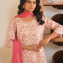 Women Classic Cream Cotton Foil PrintedEmbroidered Suit Set