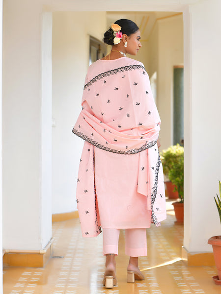 Women Cotton Solid Embroidered Suit Set
