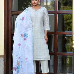 Women Grey Linen Suit  Set with cutwork dupatta