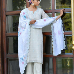 Women Grey Linen Suit  Set with cutwork dupatta